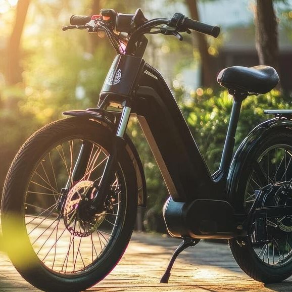 Bicicleta elétrica estacionada em um caminho arborizado, iluminada pela luz do entardecer.