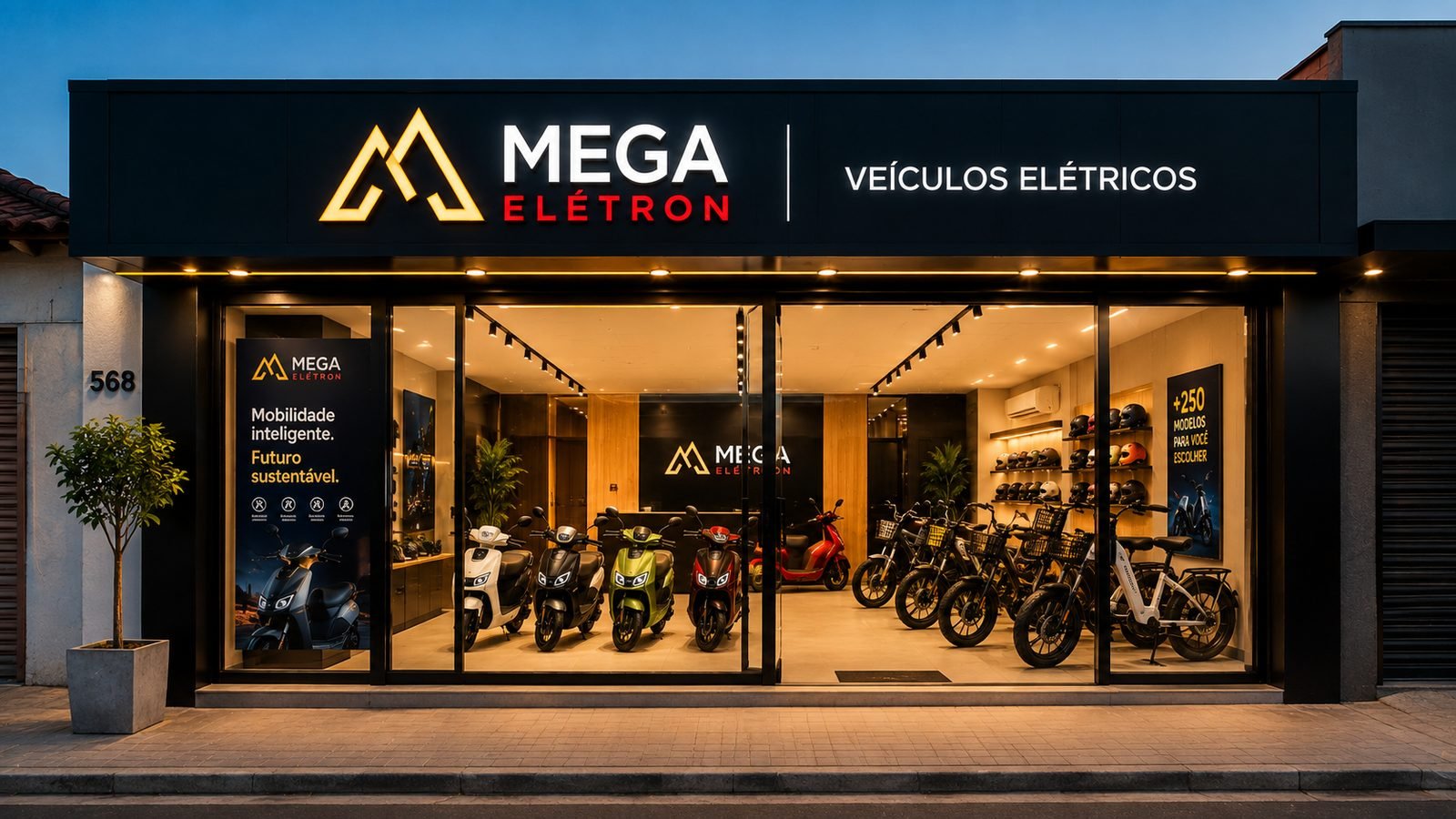 Fachada de uma loja Mega Elétron durante o entardecer, com céu azul e vitrine iluminada.