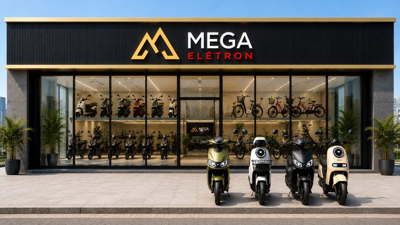 Fachada iluminada de uma concessionária Mega Elétron ao entardecer, com scooters elétricas expostas e vitrine ampla.