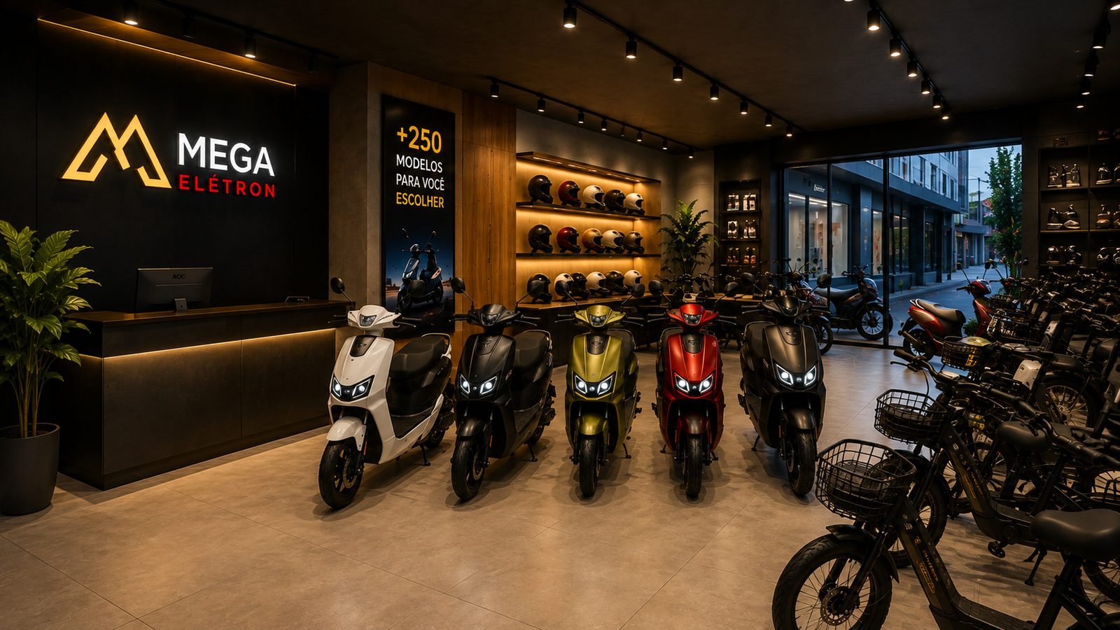 Interior de uma loja Mega Elétron com scooters elétricas expostas, capacetes em prateleiras e painel destacando mais de 250 modelos.
