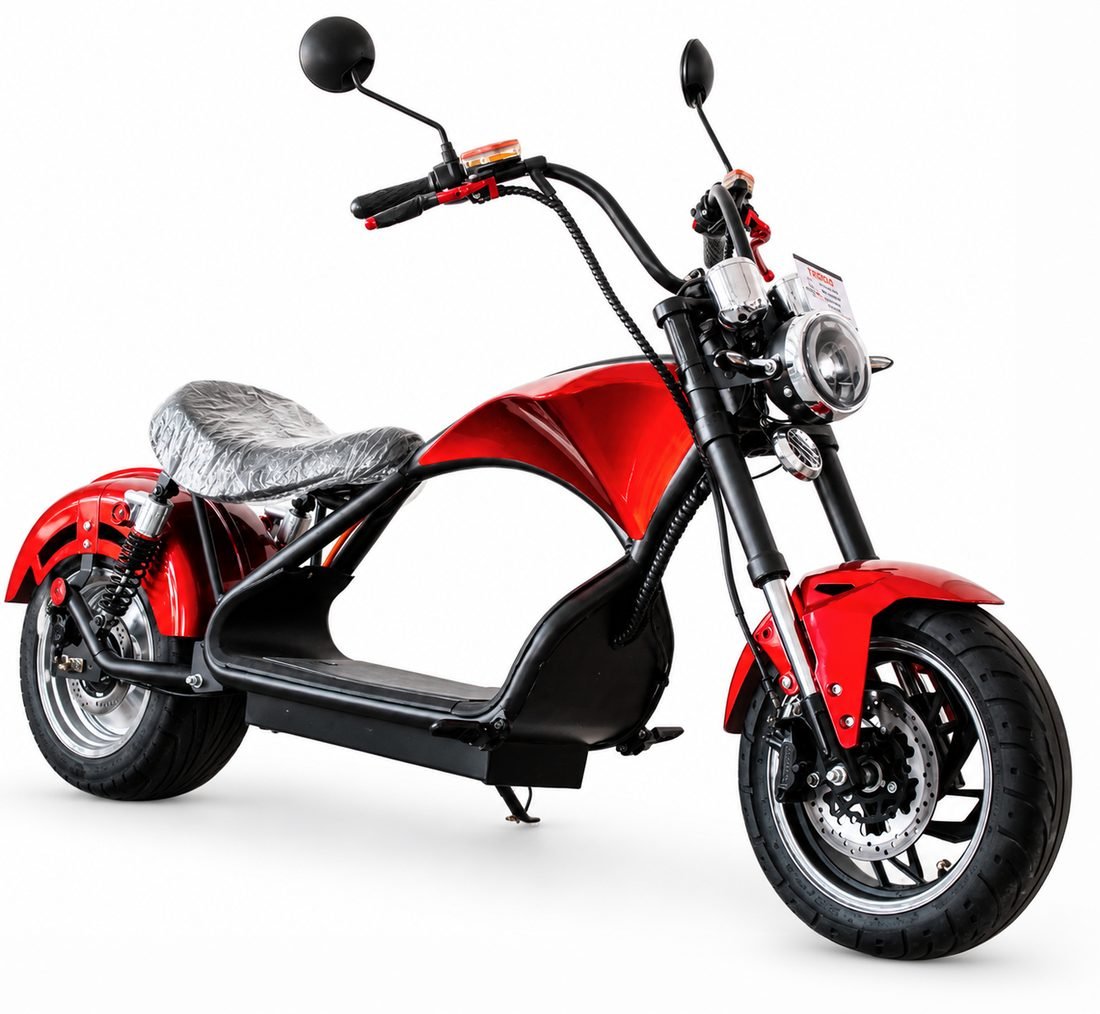 Moto elétrica estilo custom na cor vermelha, em estúdio.